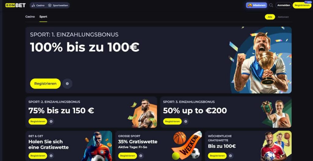 Screenshot der BDM bet Casino-Startseite mit einem Willkommenspaket von 450 € und 250 Freispielen. Das Banner enthält einen 'Jetzt anmelden'-Button, einen luxuriösen Hintergrund und Zahlungsmethoden-Logos wie Bitcoin und VISA.
