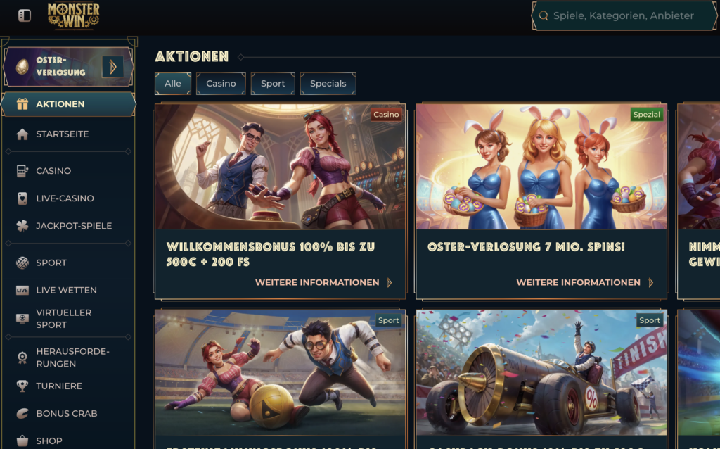 Screenshot der Monsterwin Casino-Startseite mit auffälligem Header, Werbebanner und Rasterlayout mit beliebten Spielen.